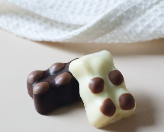 Two chocolate sweets, one made of dark chocolate and one of white chocolate, decorated with dots of milk chocolate.