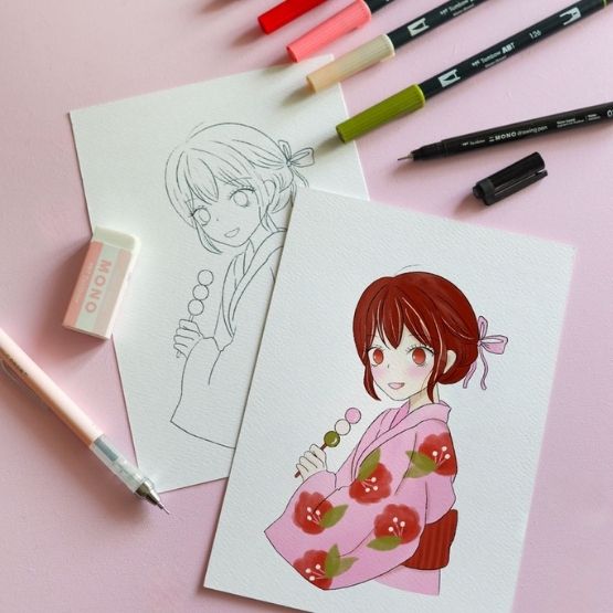 Manga illustration of a young girl in a pink floral kimono, partially coloured in with markers.