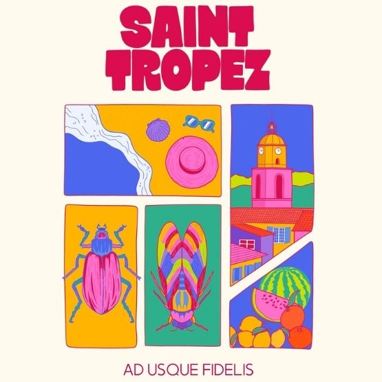 Colourful pop art-style poster featuring emblematic elements of Saint-Tropez: beach, bell tower, stylised fruit and insects.