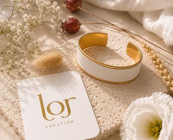 Bracelet doré et blanc présenté dans une mise en scène élégante avec la carte Lor Création