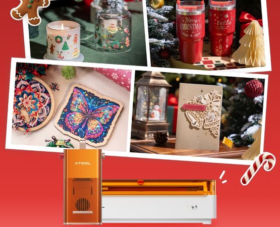 A collage of personalised Christmas creations made using an xTool laser machine, including candles, decorated cups, cards and colourful designs