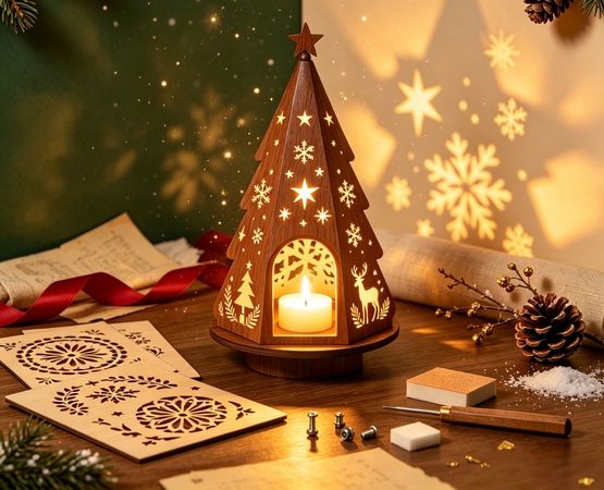Décoration de Noël en bois découpé au laser en forme de sapin, avec des motifs festifs ajourés et une bougie lumineuse à l’intérieur