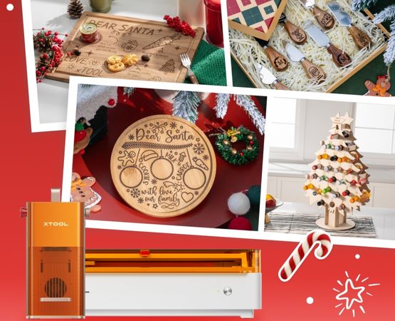 Machine xTool de gravure et de découpe laser accompagnée d’exemples de créations personnalisées pour Noël, dont des décorations en bois et des cadeaux gravés