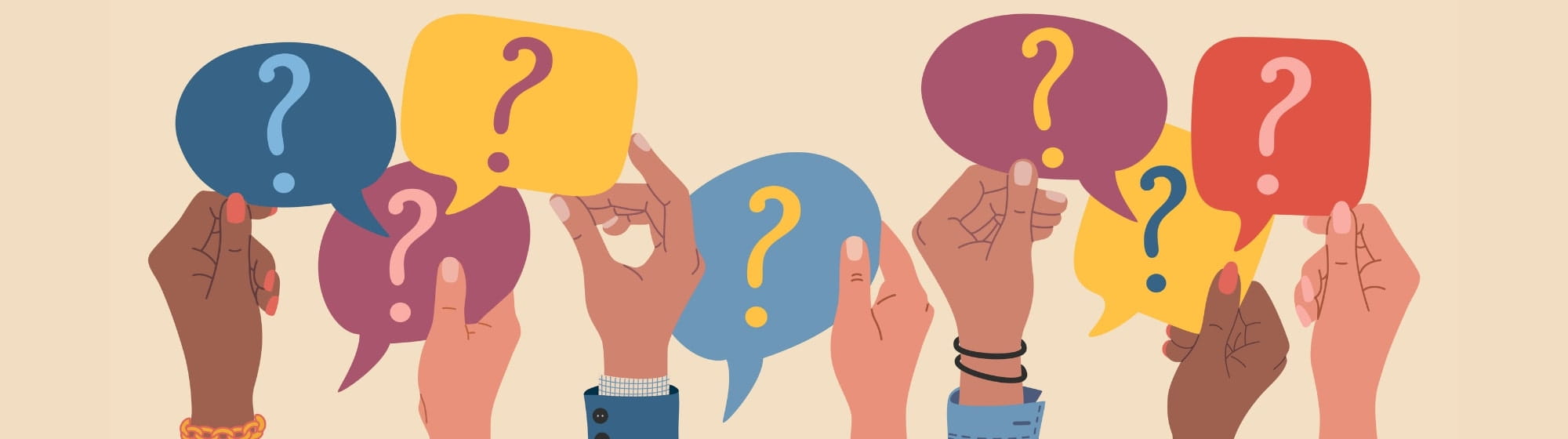 Dessin graphique et coloré de mains avec des bulles à question fréquente FAQ