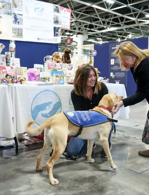 Chien guide accompagné de deux femmes sur un stand.