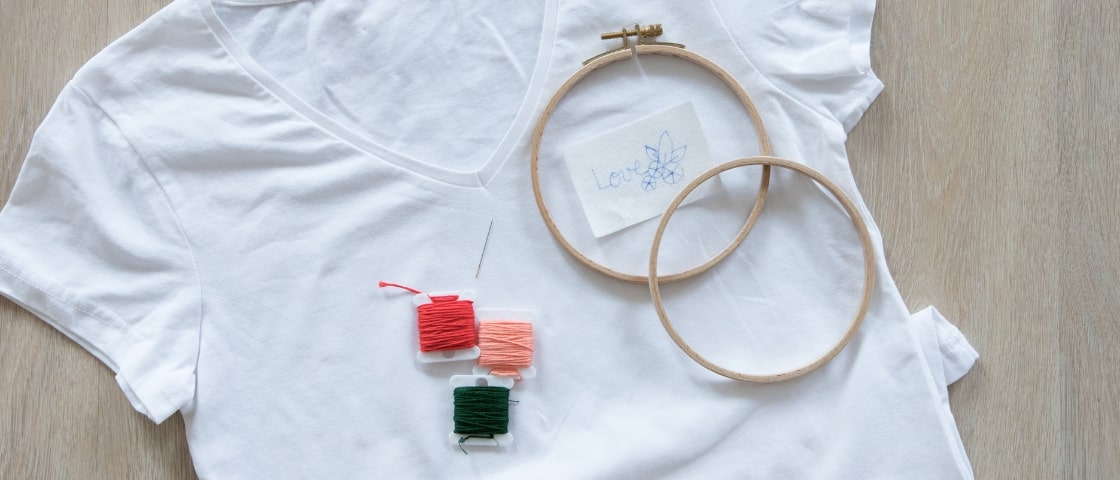 Materials for DIY t-shirt embroidery tutorial: drums, thread, needle and design