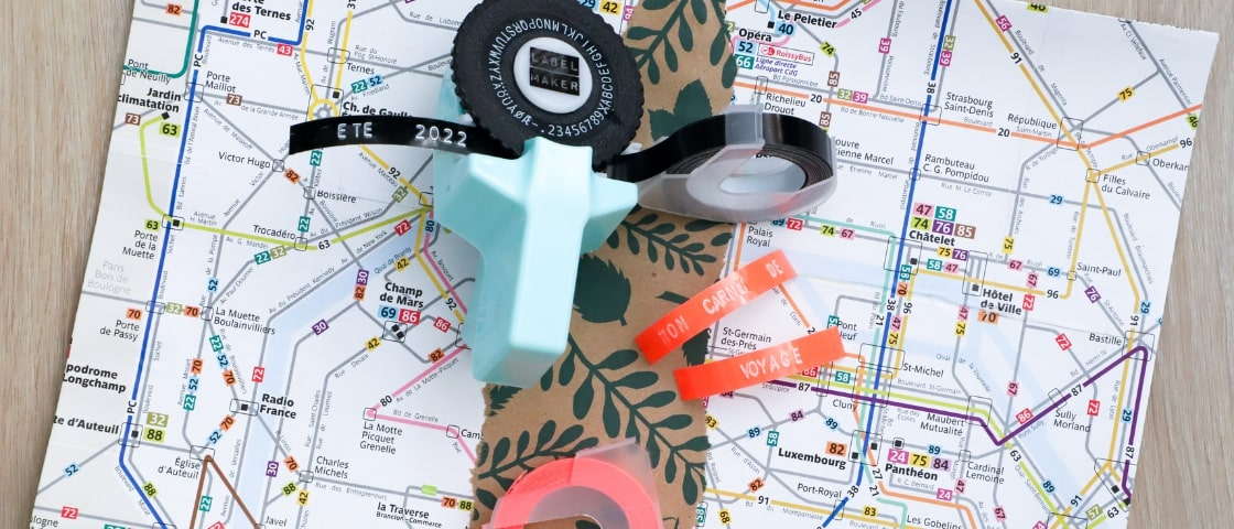 Handmade DIY travel journal materials: labelling