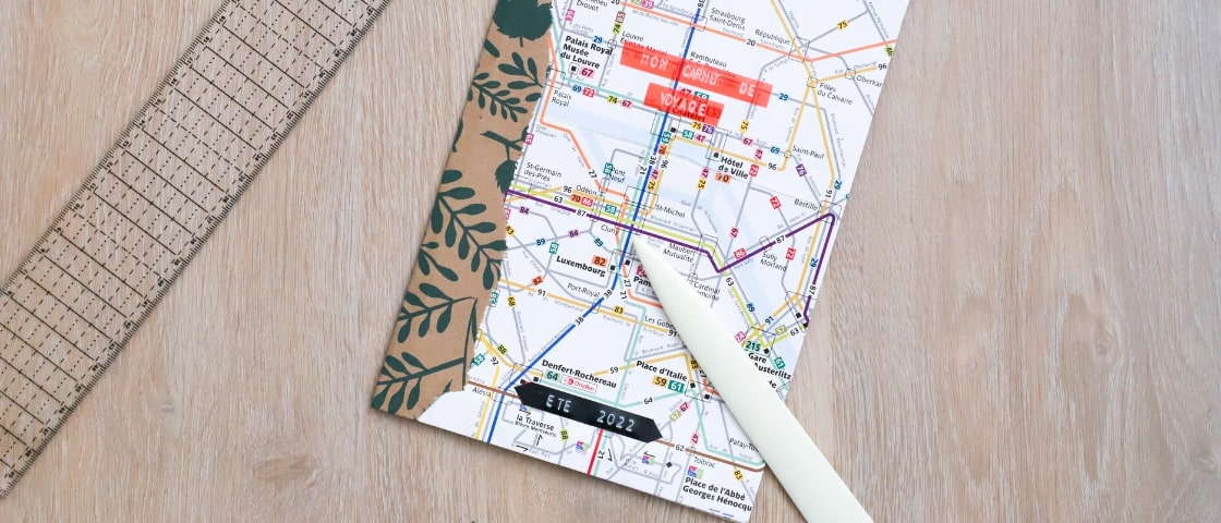 DIY handmade travel diary with folding knife and ruler