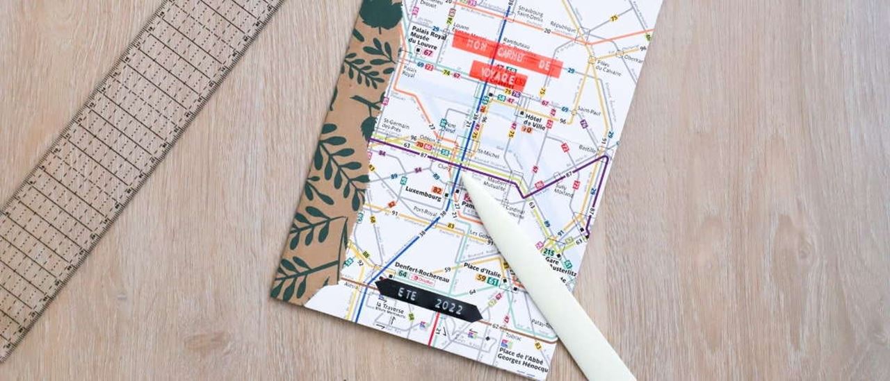 DIY handmade travel diary with folding knife and ruler
