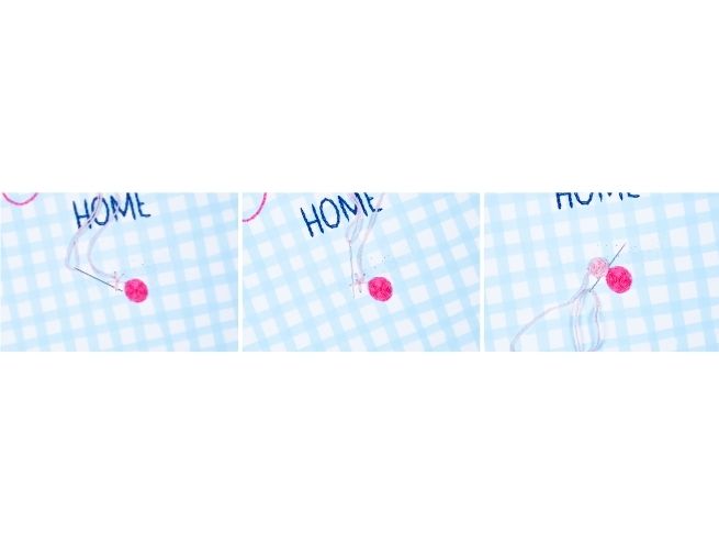 Embroidery steps to form a circle with pink thread on paper.