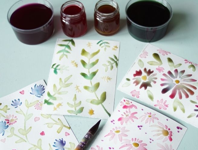 Floral paintings using natural vegetable ink.