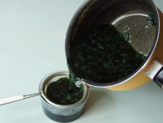 Filtration of the dark green mixture obtained from cabbage and bicarbonate.