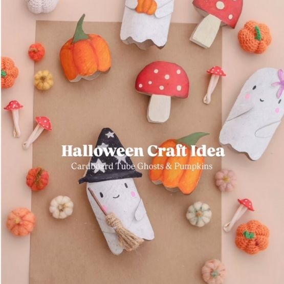 Ghosts and pumpkins made from card and paper for a creative Halloween activity.