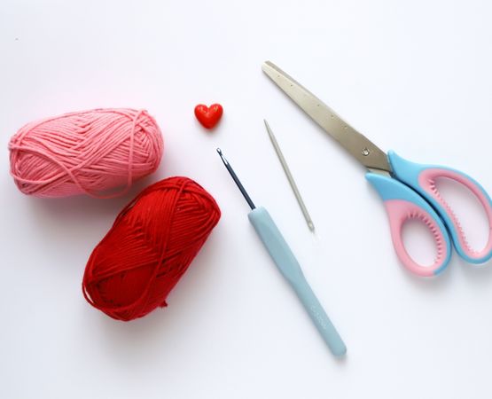 Matériel nécessaire pour créer une pochette de téléphone au crochet avec fils, crochet, aiguille et ciseaux