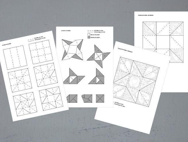 Feuille de papier avec des formes géométriques et des dessins à colorier pour un projet créatif, accompagné d'un crayon et d'une règle.