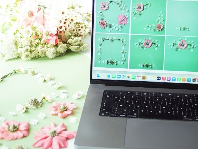 retouche faire part mariage ordinateur selection visuels fleurs mise en page finale