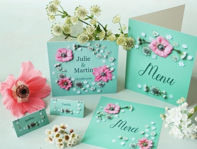 faire part mariage champetre fleurs pastel papeterie menu cartes invites personnalisees diy