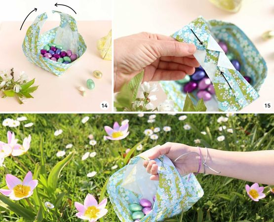 Panier en origami rempli d’œufs posé dans l’herbe parmi des fleurs printanières.