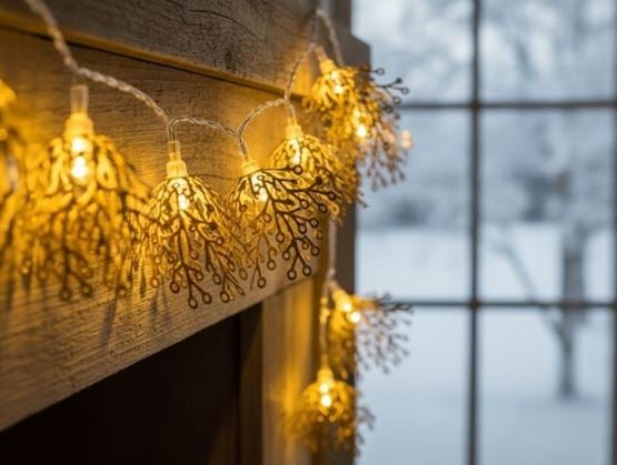 Guirlande de Noël en forme de branches lumineuses brillants doucement contre un fond neigeux