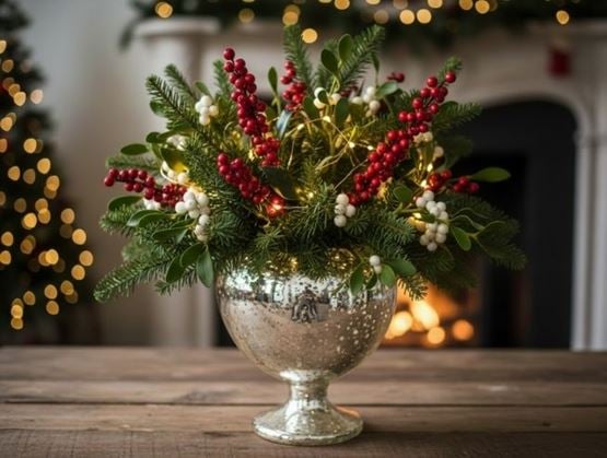 Bouquet décoratif de Noël avec des baies rouges, du feuillage et des guirlandes lumineuses dans un vase argenté.