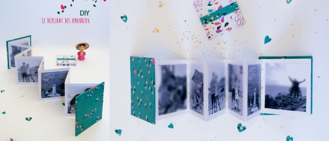 Mini album photo en accordéon fait main avec couverture verte et décorations colorées.