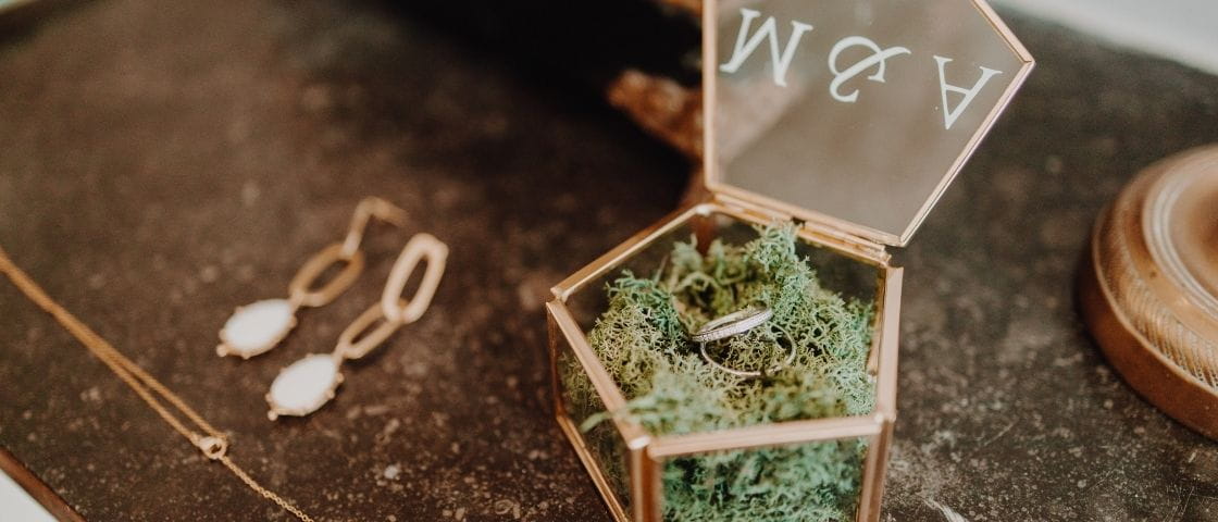 Boîte en verre avec de la mousse verte contenant deux alliances, accompagnée de bijoux dorés.