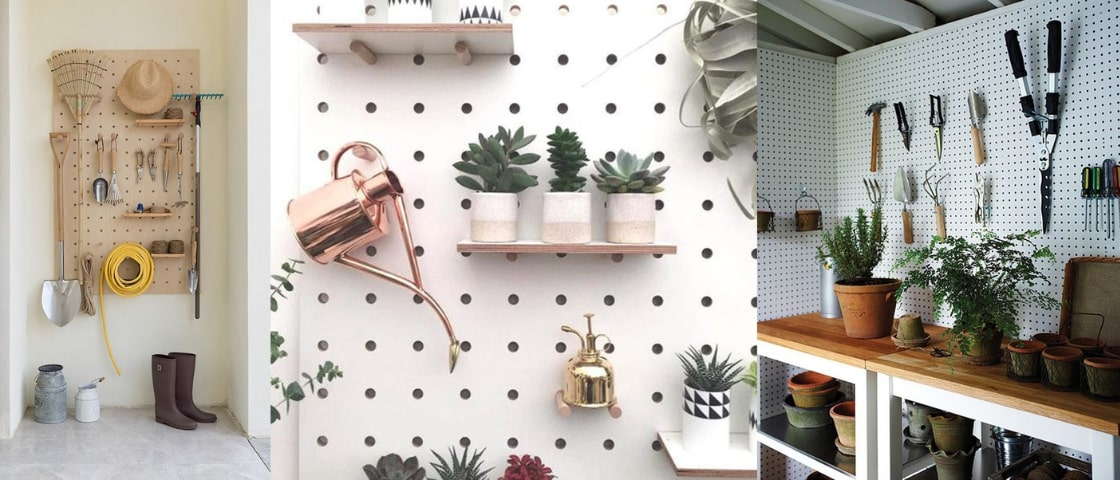 Pegboard, planche percée de trous pour ranger ses accessoires de jardinage : tuyau, pelle, arrosoir, râteau...